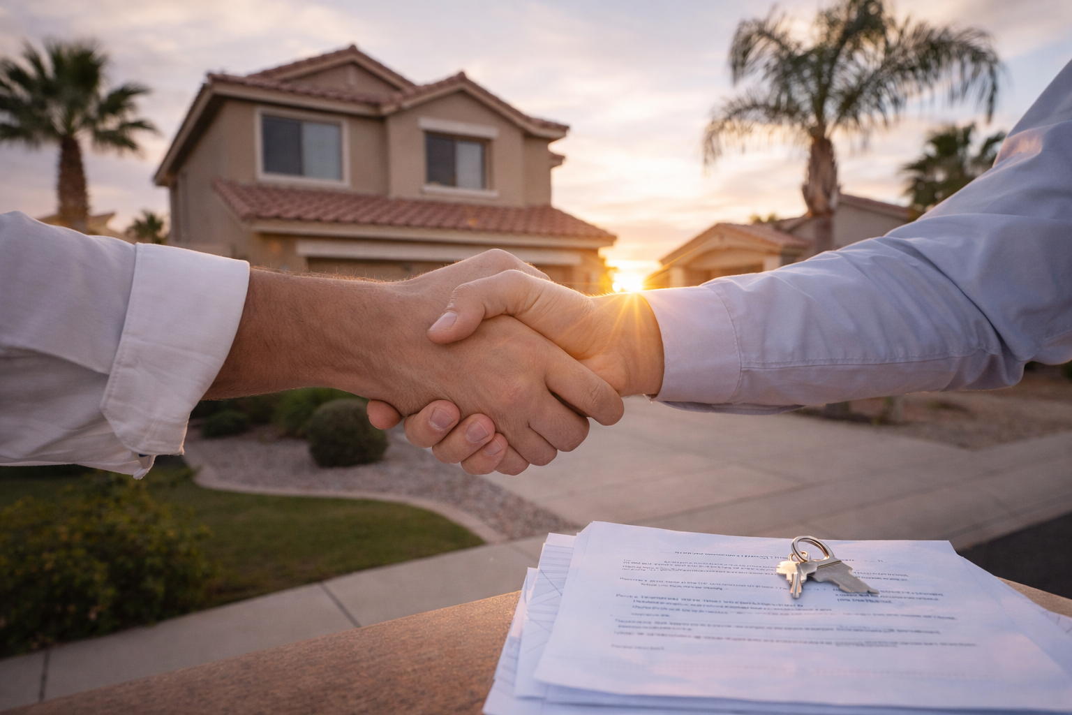 Real estate agreement at sunset